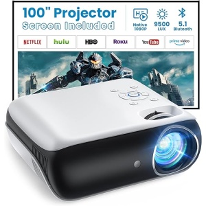 Mini Proyector Portátil con Bluetooth, Resolución Nativa 1080P y Brillo de 9500L, Soporte 4K, Incluye Pantalla, Ideal para Smartphone/PC/TV Stick/PS5/XBOX, con Conexión HDMI