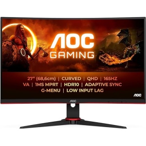 Monitor curvo AOC Gaming CQ27G2SE de 27", QHD, Adaptive Sync, 2560 x 1440, 165 Hz, HDMI 1.4, DisplayPort 1.2, en color Negro/Rojo