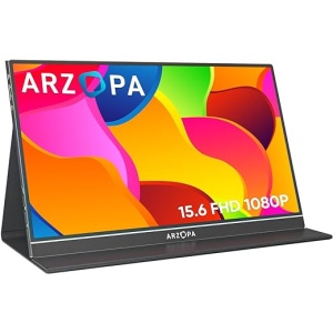 Monitor Portátil ARZOPA S1 de 15,6" Full HD con Resolución de 1920x1080 Píxeles, Pantalla Externa IPS Móvil con Conexiones HDMI/Tipo-C/USB-C para Portátil/PC/Mac/PS4/Xbox