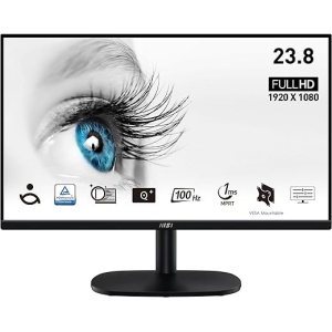 Monitor profesional MSI Pro MP245V, de 23,8 pulgadas FHD, 1920 x 1080, 100 Hz, tecnología VA, diseño plano, anti-reflejo, relación de aspecto 16:9, brillo de 300 nits, color negro