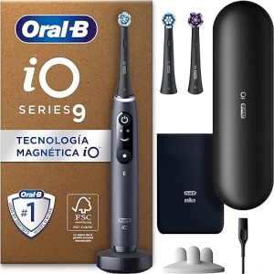 Oral-B iO 9 Cepillo de Dientes Eléctrico Recargable con 3 Cabezales, Estuche de Viaje y Cargador - Color Negro, Diseñado Por Braun
