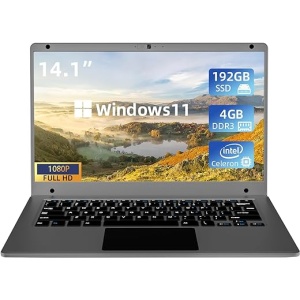Ordenador Portátil Morostron de 14,1 Pulgadas con Windows 11, 4GB DDR3 y 192GB SSD, Intel Celeron N3450, Pantalla FHD IPS de 1920x1080, WiFi 2.4G/5G, Bluetooth 4.2 - Color Gris