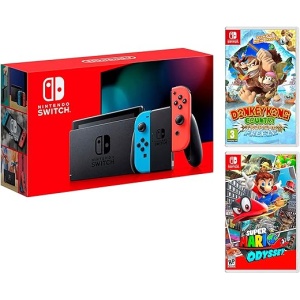 Pack de Nintendo Switch rojo/azul neón de 32 GB con Super Mario Odyssey y Donkey Kong: Tropical Freeze