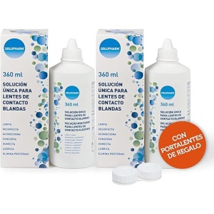 Paquete de 2 botellas de 360 ml de Solupharm Solución Única para Lentes de Contacto Blandas