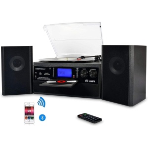 Plato Giradiscos con Bluetooth, Reproductor de Vinilo, CD y Cassette, Grabación, USB, SD, MMC, Radio AM/FM, 3 velocidades (33/45/78 RPM) y Altavoces Externos