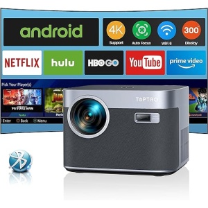 Proyector Android TV WiFi Bluetooth 1080P Full HD Nativo con Auto Focus/Keystone, 20000 Lúmenes TOPTRO, Soporte para Proyector 4K, Cine en Casa para Teléfono/TV Stick/PS5 USB