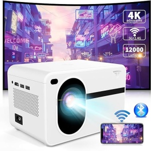 Proyector portátil con WiFi y Bluetooth para uso en interiores y exteriores, resolución nativa Full HD 1080P, alta luminosidad de 12000 lúmenes y pantalla de hasta 150 pulgadas....