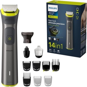 Recortadora de barba Philips 14 en 1, Serie 7000, para cortar pelo de hombre en cara, orejas, nariz y cuerpo. Inalámbrica y recargable, color negro medianoche