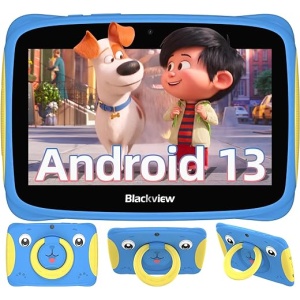 Tableta Blackview de 7 pulgadas para niños, modelo Tab 3 Kids, con 4GB de RAM (2+2) y 32GB de ROM, Android 13 Tablet, 3280mAh de batería, con asa portátil, control parental,...