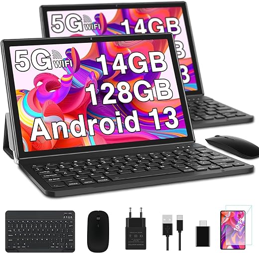 Tableta más reciente de 2024: 10 pulgadas, 14GB RAM + 128GB ROM (1TB TF), Android 13 5G + 2.4G WiFi, núcleos 2.0Ghz, GPS, Bluetooth 5.0, 8MP + 5MP, Tipo C, OTG, Cast, Tablet PC...