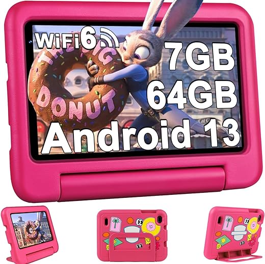 Tableta para Niños 2024 de 7 Pulgadas con Android 13, 7GB de RAM+64GB de ROM (TF 1TB), WiFi 6, Google GMS, Bluetooth 5.0, Control Parental / Espacio para Niños / Cámara Dual /...