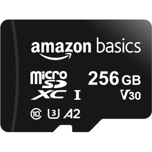 Tarjeta de memoria MicroSDXC de 256 GB de Amazon Basics con Adaptador SD, certificación A2 y clasificación U3, velocidad de lectura de hasta 100 MB/s, color Negro