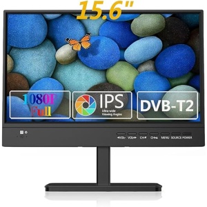 Televisor con cable de 15,6 pulgadas IPS 1080P KCR, sintonizador de TV por cable Freeview, HDTV DVB-T2, entrada AV, monitor de PC HDMI/VGA, ranura USB, control remoto, para usar...