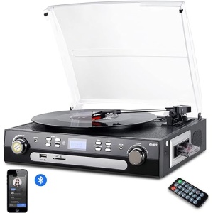 Tocadiscos Bluetooth DIGITNOW! con Altavoces Estéreo, Velocidades 33/45/78 RPM, Compatible con Cassette/Radio/Vinilo, Conversión a MP3 por USB/Auxiliar